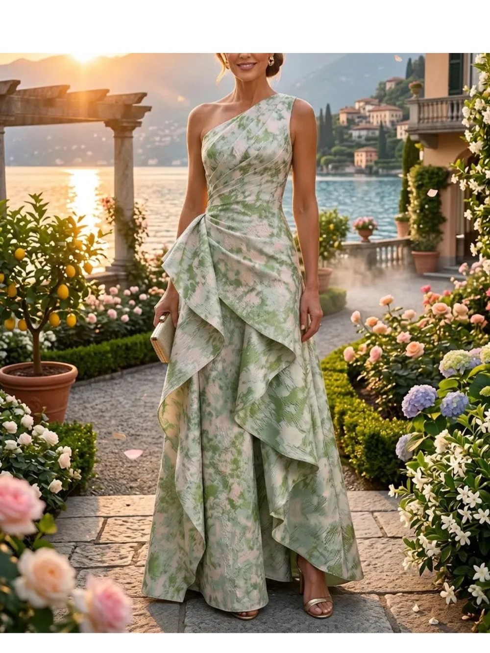 One-Shoulder Green Floral Ruffle Evening Dress